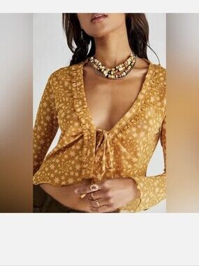 Free People Marne Crop Top Star Print Ruffle Tie-Front  Sz.XS
